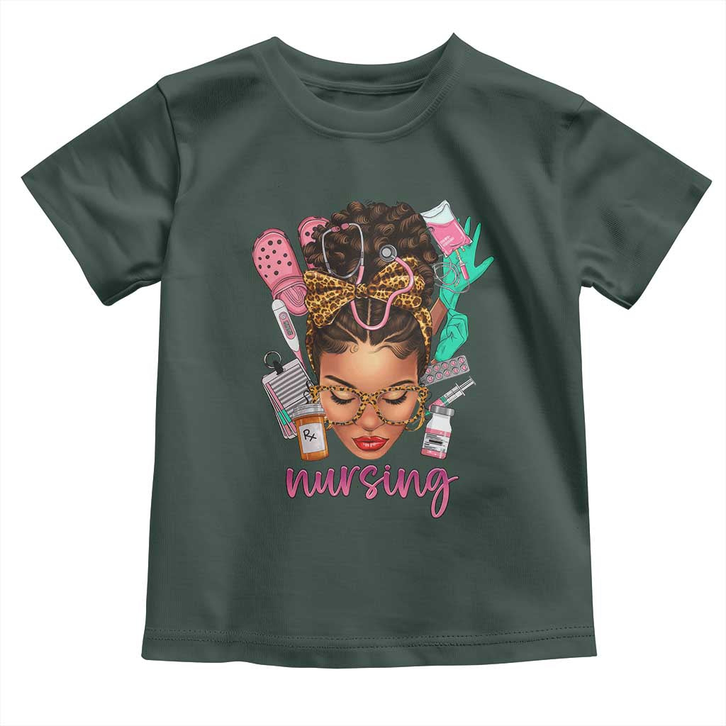 African American Nurse Toddler T Shirt Nursing Black Messy Bun TS01 Dark Forest Green Print Your Wear