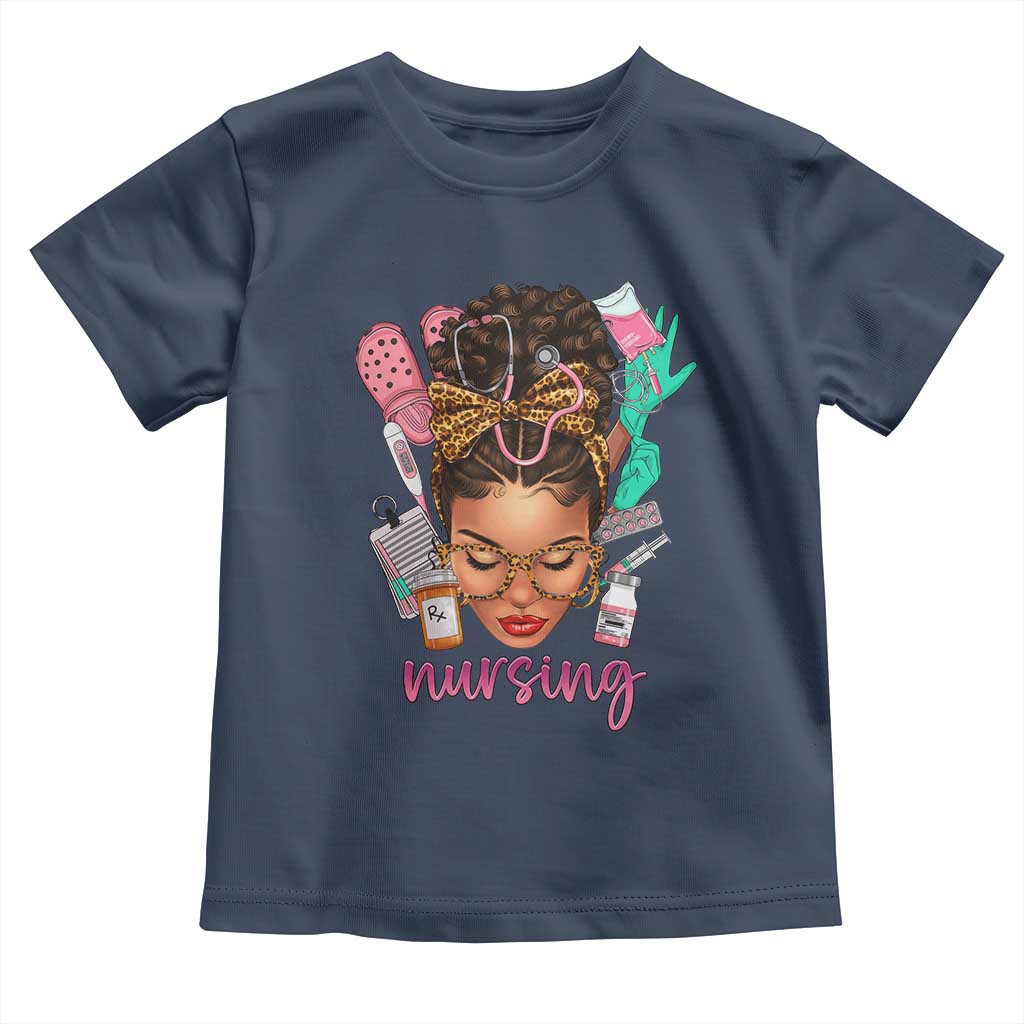 African American Nurse Toddler T Shirt Nursing Black Messy Bun TS01 Navy Print Your Wear