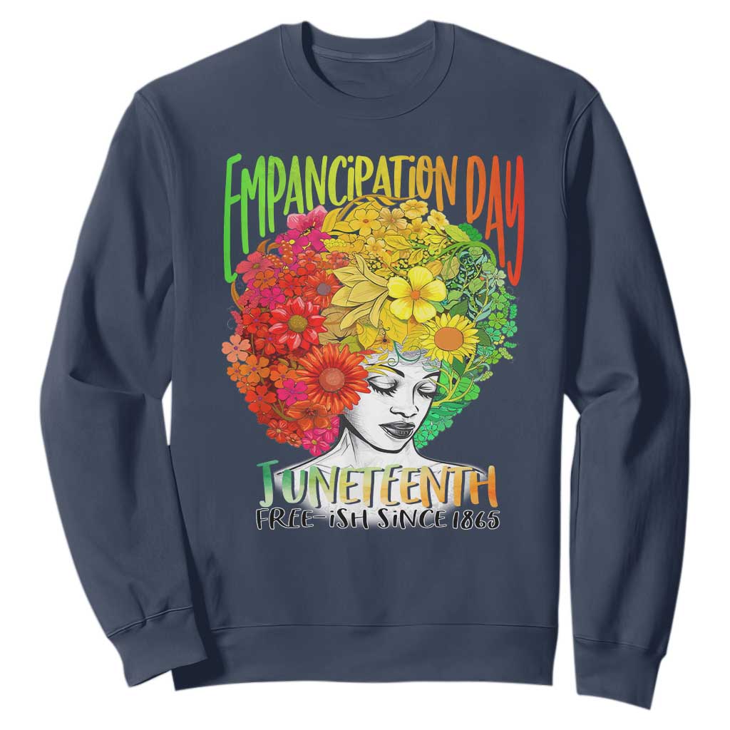 Freeish Juneteenth Sweatshirt Black Women with Flowers in Her Hair Freedom Day African American June 19th 1865 TS01 Navy Printyourwear