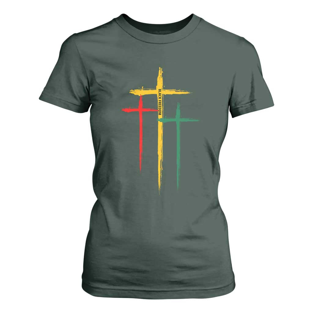 Christian Cross Juneteenth T Shirt For Women African Black Freedom Day 1865 TS01 Dark Forest Green Print Your Wear