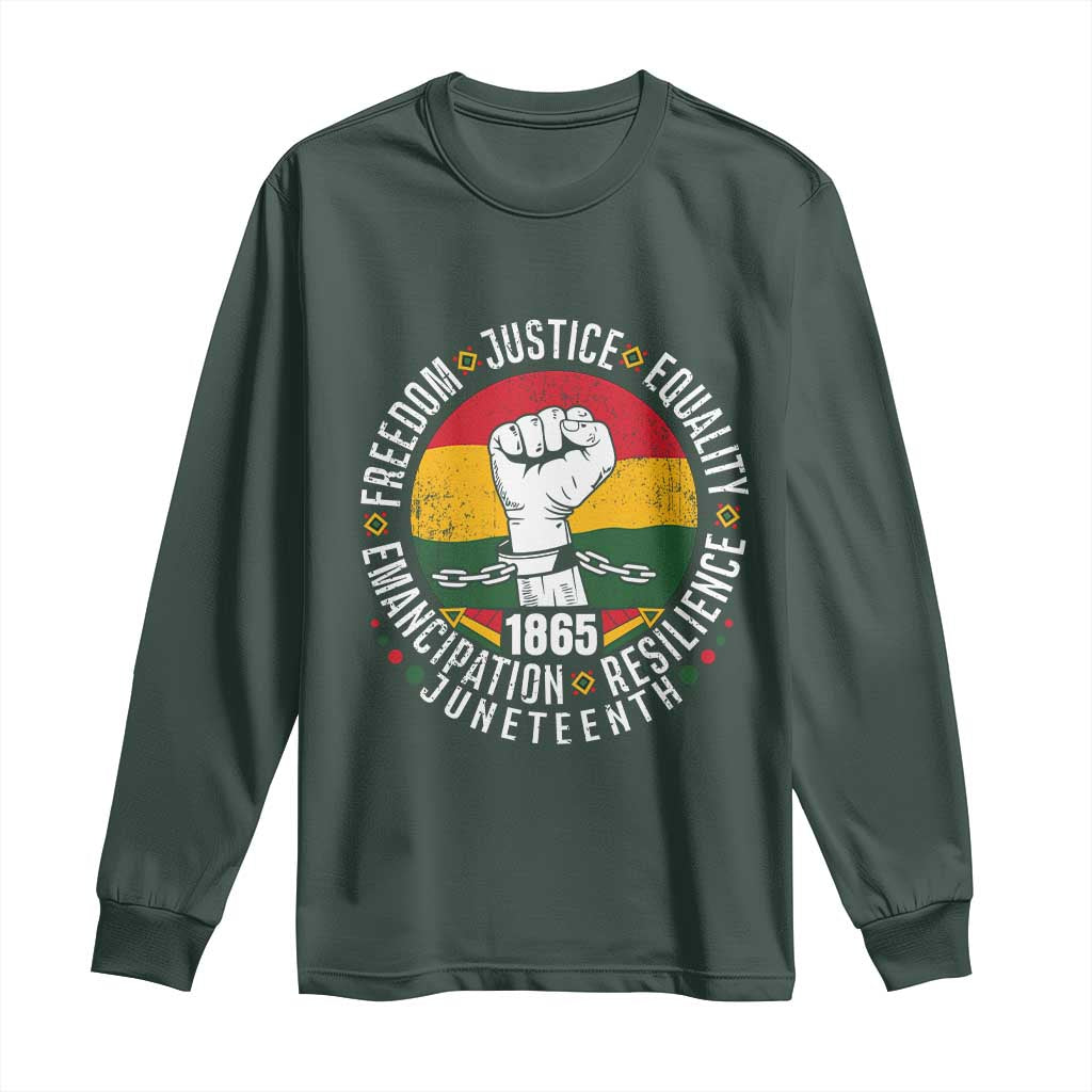 Juneteenth Raised Fist Long Sleeve Shirt Freedom Justice Equality Emancipation Resilience TS01 Dark Forest Green Print Your Wear