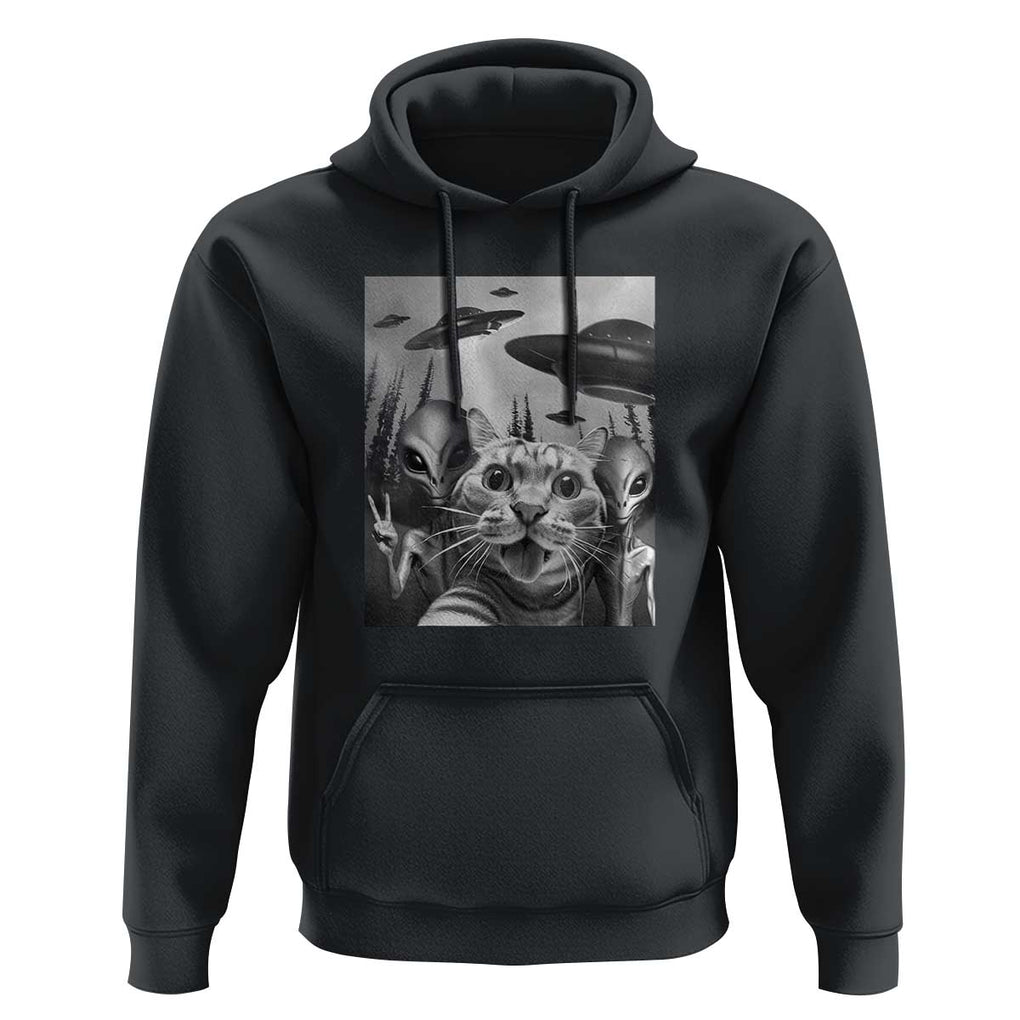 Funny Cat Selfie with UFOs Peace Sign Alien Cat UFO Invasion Hoodie TS01 Black Print Your Wear