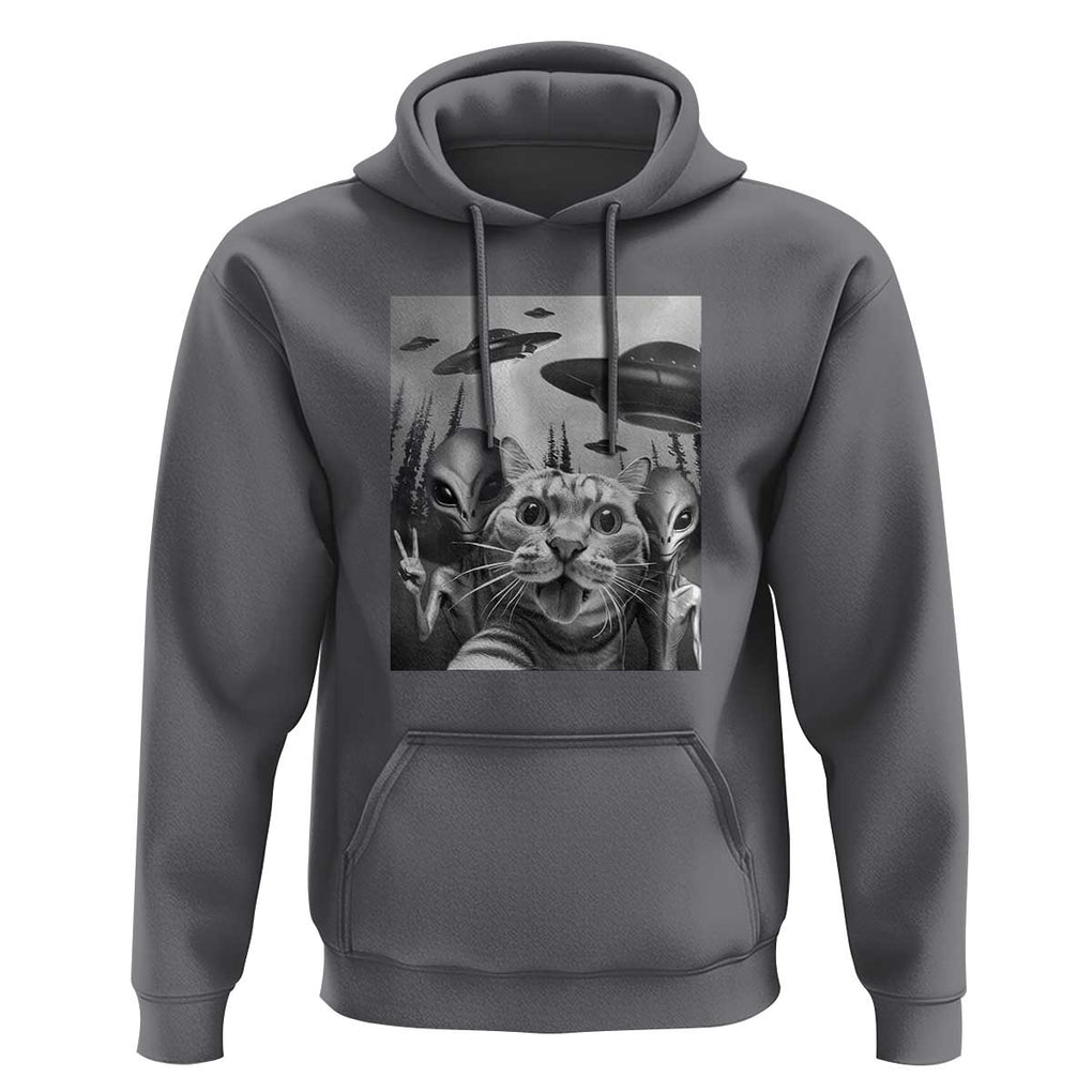 Funny Cat Selfie with UFOs Peace Sign Alien Cat UFO Invasion Hoodie TS01 Charcoal Print Your Wear