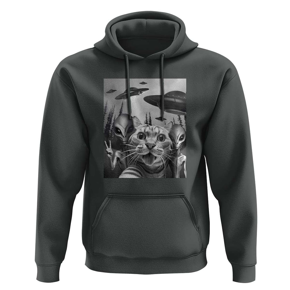 Funny Cat Selfie with UFOs Peace Sign Alien Cat UFO Invasion Hoodie TS01 Dark Heather Print Your Wear
