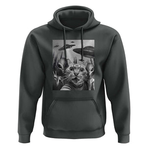 Funny Cat Selfie with UFOs Peace Sign Alien Cat UFO Invasion Hoodie TS01 Dark Heather Print Your Wear