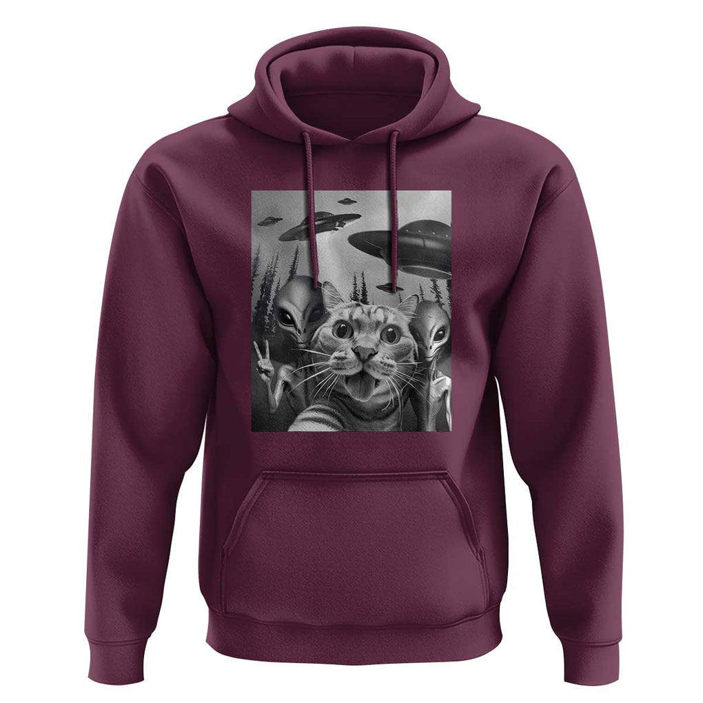 Funny Cat Selfie with UFOs Peace Sign Alien Cat UFO Invasion Hoodie TS01 Maroon Print Your Wear