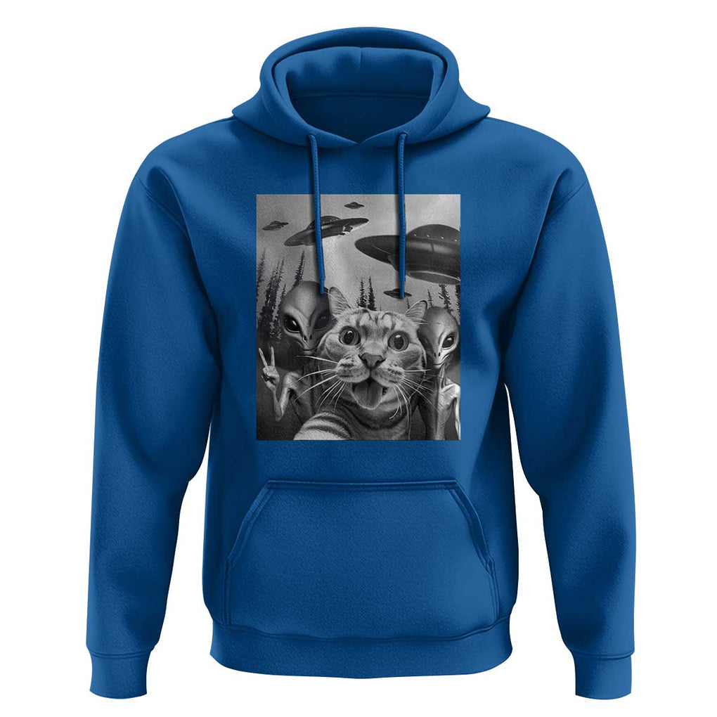 Funny Cat Selfie with UFOs Peace Sign Alien Cat UFO Invasion Hoodie TS01 Royal Blue Print Your Wear
