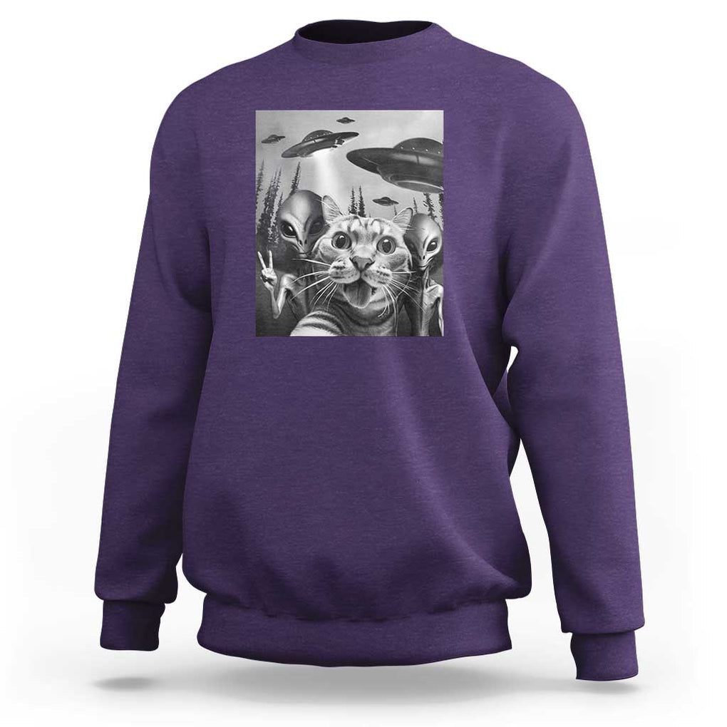 Funny Cat Selfie with UFOs Peace Sign Alien Cat UFO Invasion Sweatshirt TS01 Purple Print Your Wear