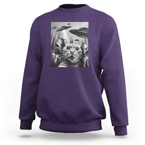 Funny Cat Selfie with UFOs Peace Sign Alien Cat UFO Invasion Sweatshirt TS01 Purple Print Your Wear