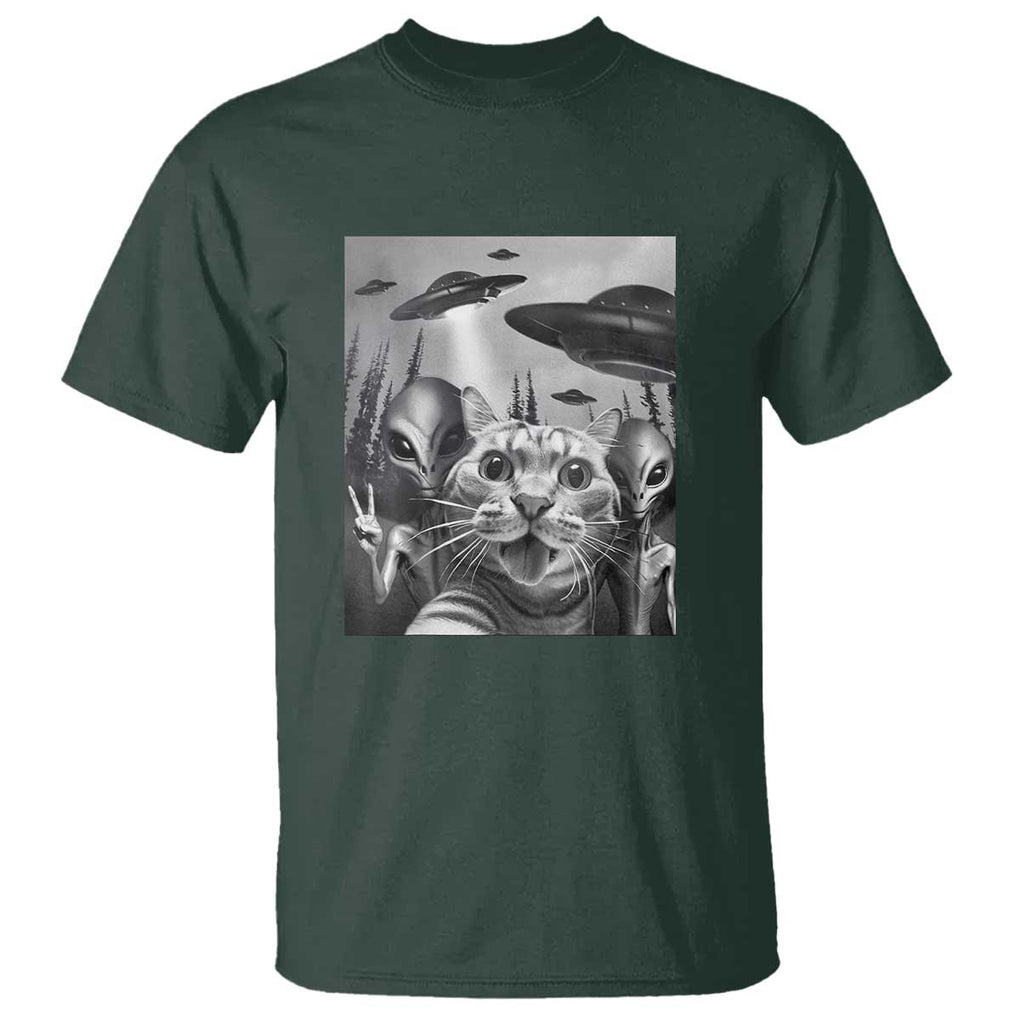 Funny Cat Selfie with UFOs Peace Sign Alien Cat UFO Invasion T Shirt TS01 Dark Forest Green Print Your Wear