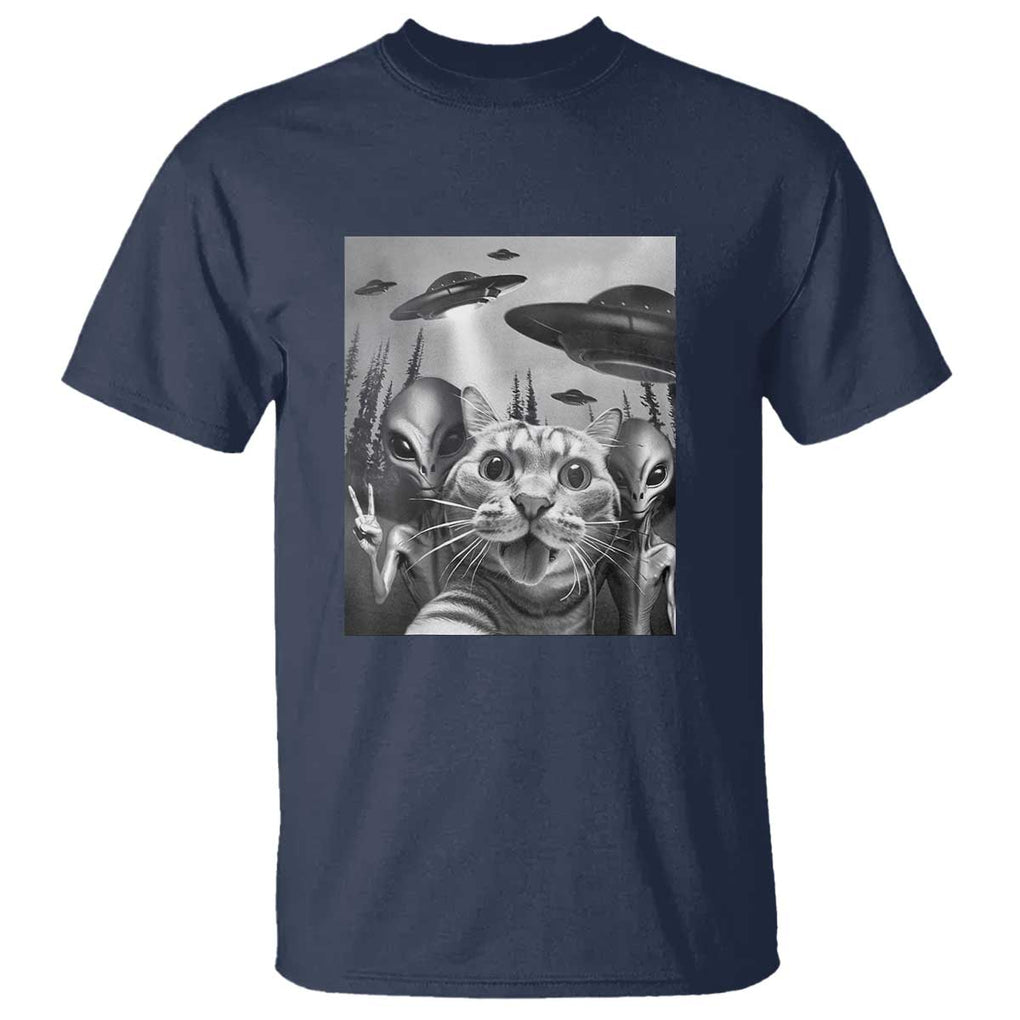 Funny Cat Selfie with UFOs Peace Sign Alien Cat UFO Invasion T Shirt TS01 Navy Print Your Wear