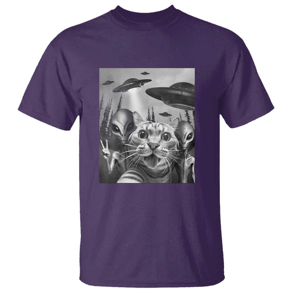Funny Cat Selfie with UFOs Peace Sign Alien Cat UFO Invasion T Shirt TS01 Purple Print Your Wear