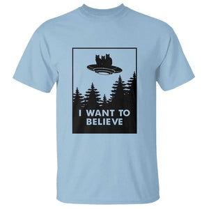 I want to Believe Funny Cat UFO Alien Space T Shirt TS01 Light Blue Print Your Wear