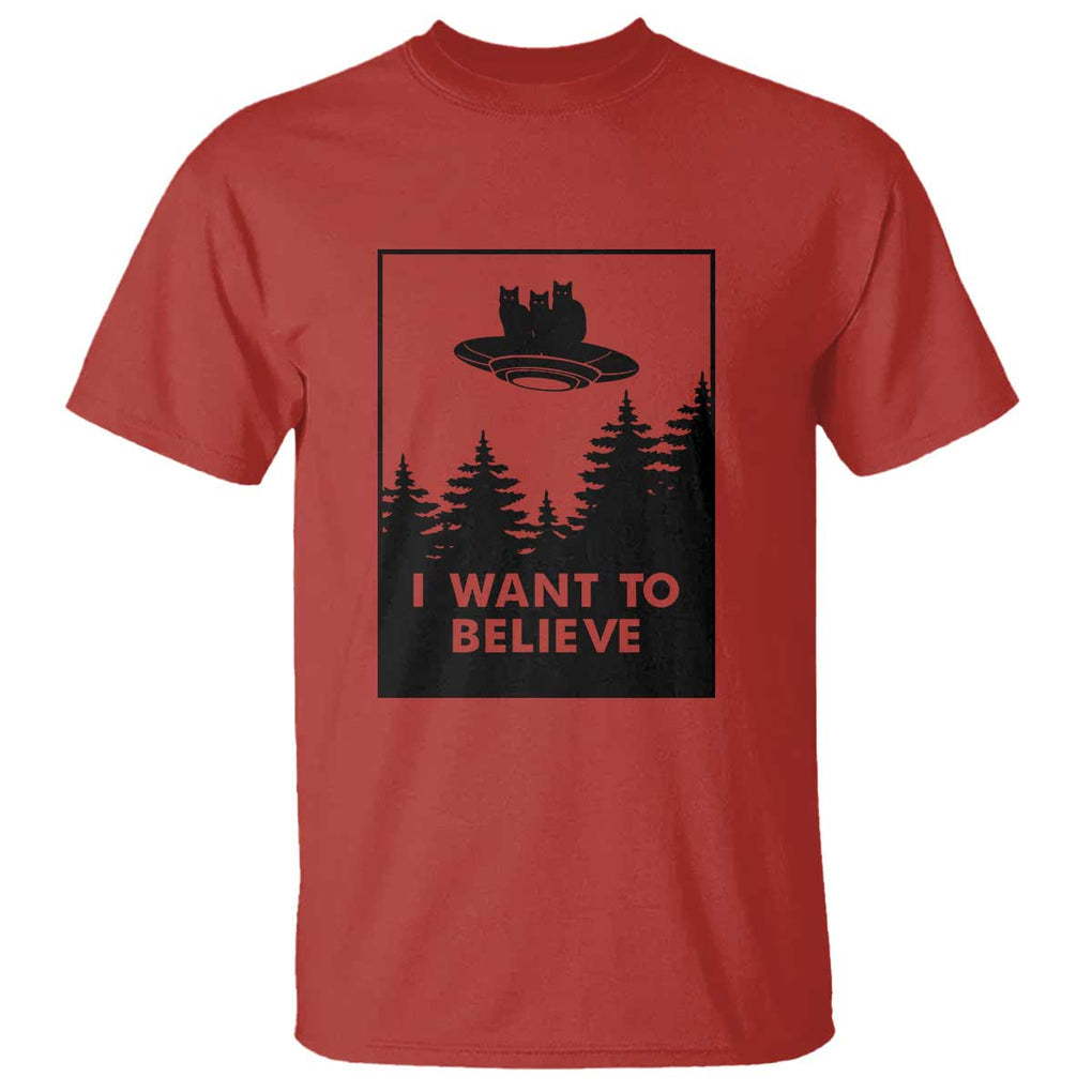 I want to Believe Funny Cat UFO Alien Space T Shirt TS01 Red Print Your Wear