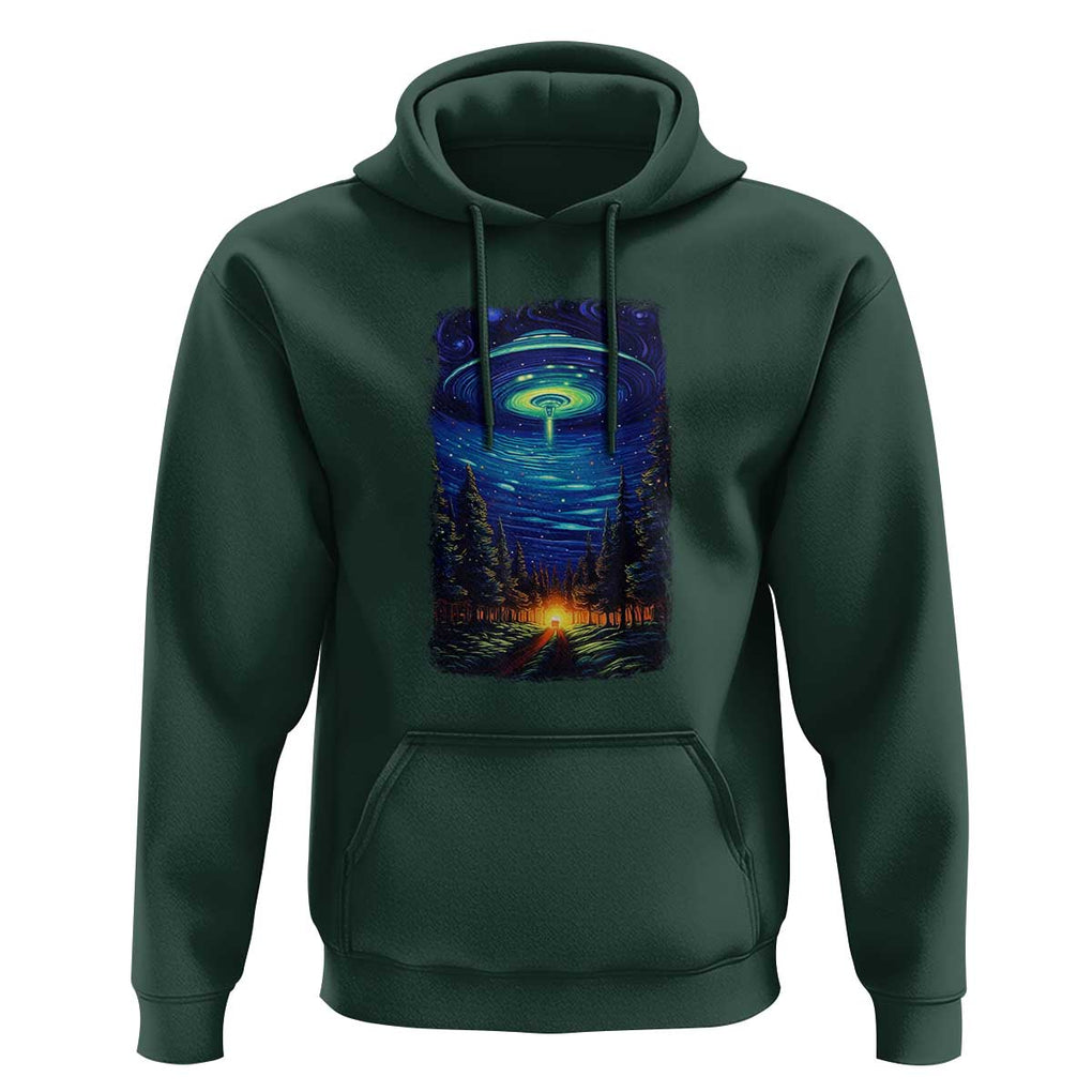 UFO Aliens Flying Saucer - Van Gogh Style - Starry Night Hoodie TS01 Dark Forest Green Print Your Wear