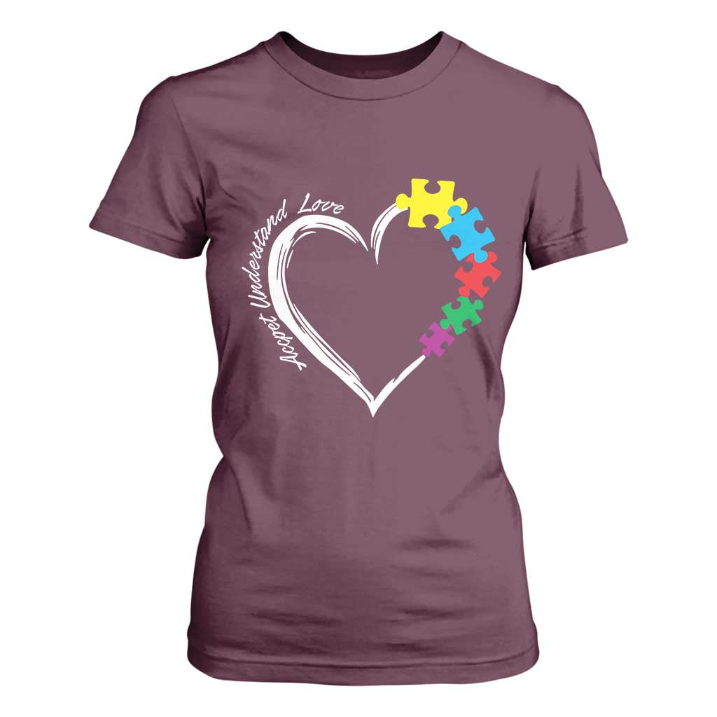 Autism Acceptance T Shirt For Women Accept Understand Love Spectrum Jigsaw Puzzle Heart TS01 Maroon Printyourwear
