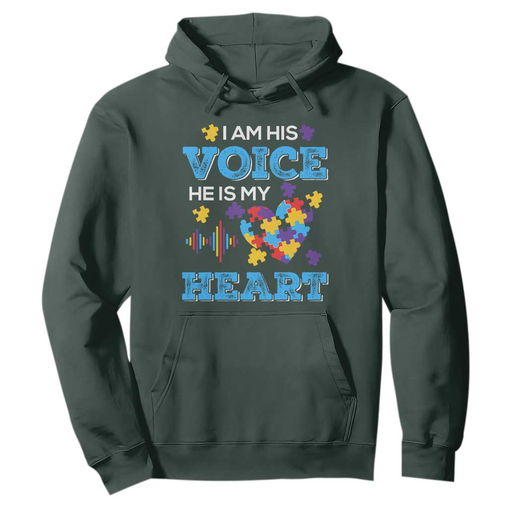 Autism Parents Hoodie I Am His Voice He Is My Heart Puzzle Heart TS01 Dark Forest Green Printyourwear