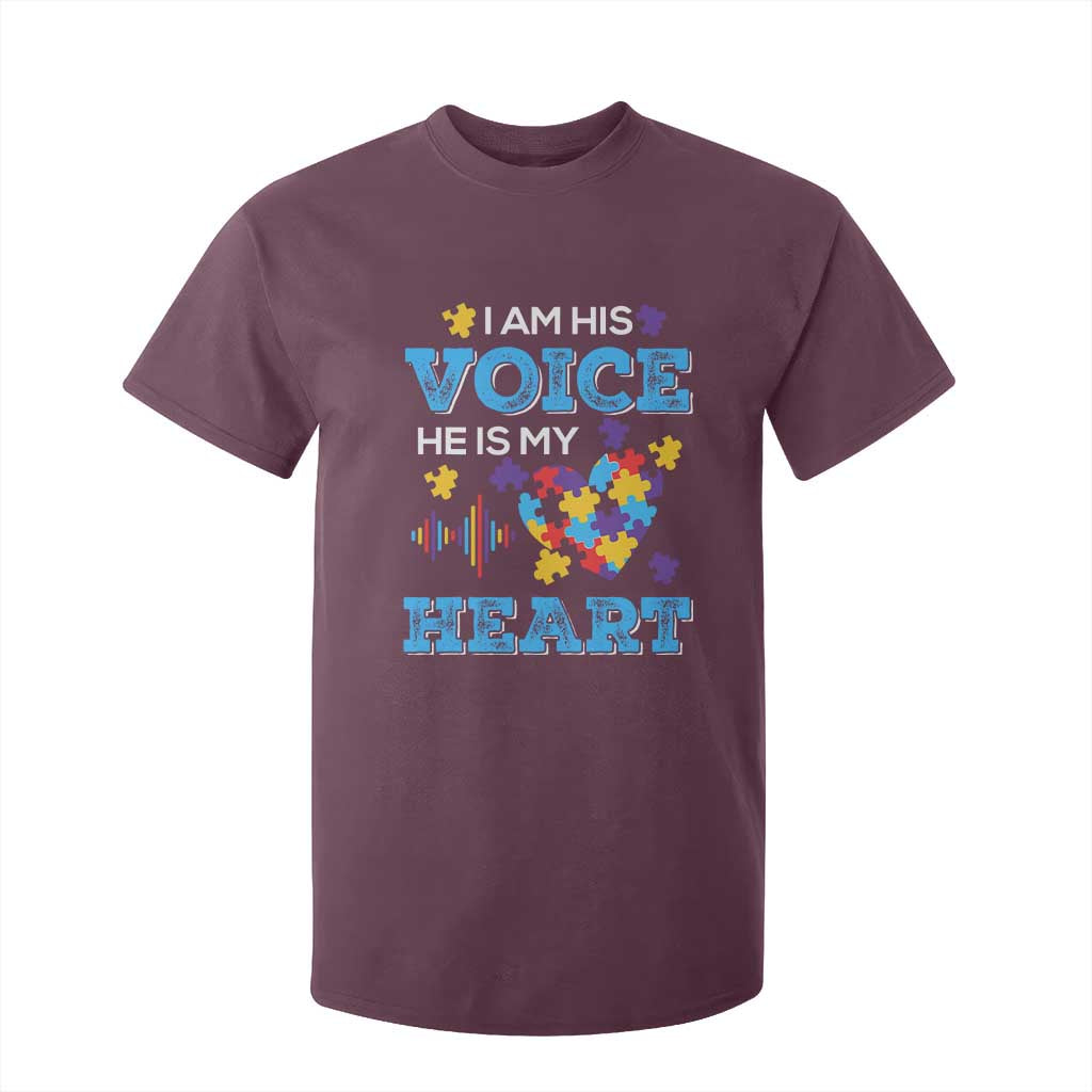 Autism Parents T Shirt For Kid I Am His Voice He Is My Heart Puzzle Heart TS01 Maroon Printyourwear