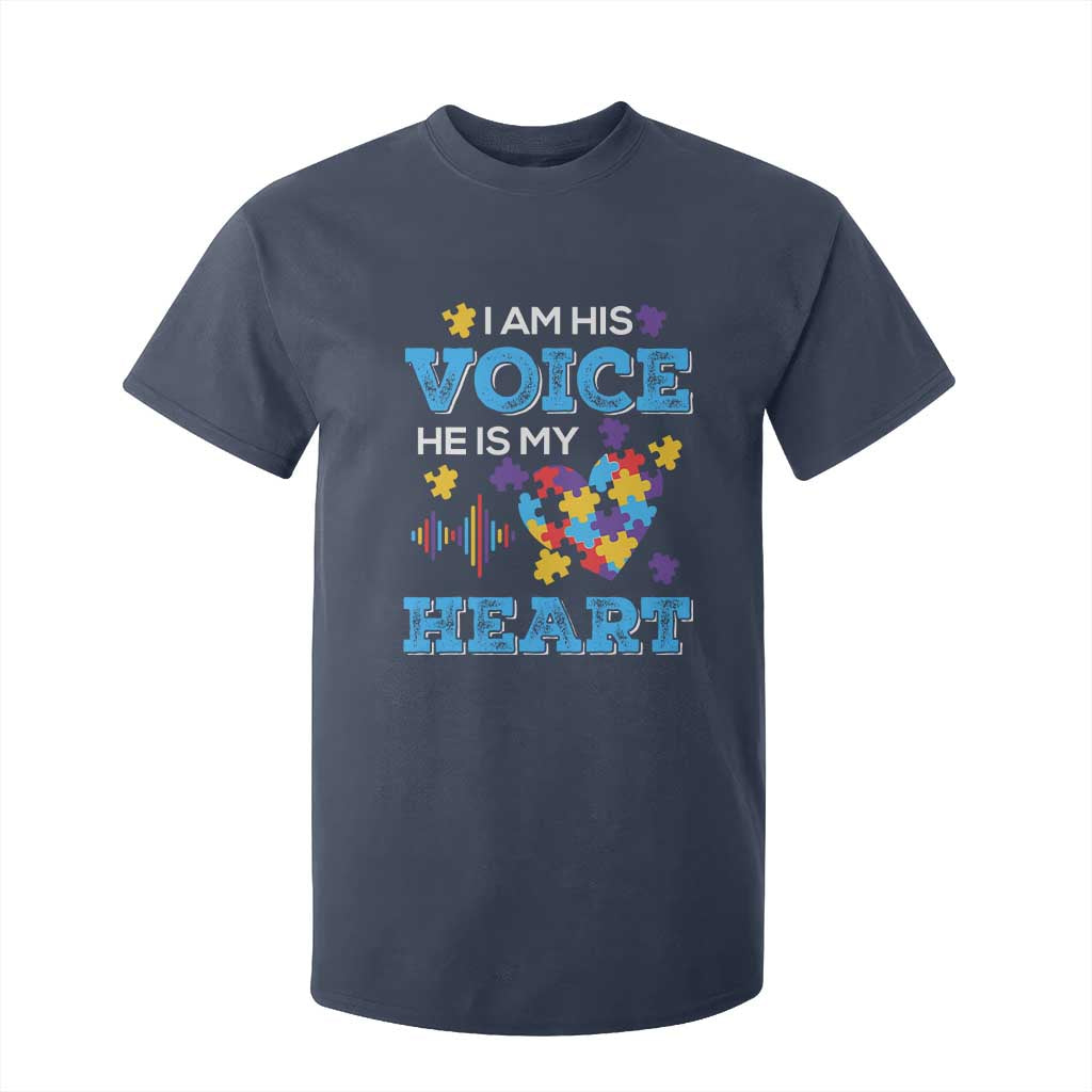 Autism Parents T Shirt For Kid I Am His Voice He Is My Heart Puzzle Heart TS01 Navy Printyourwear