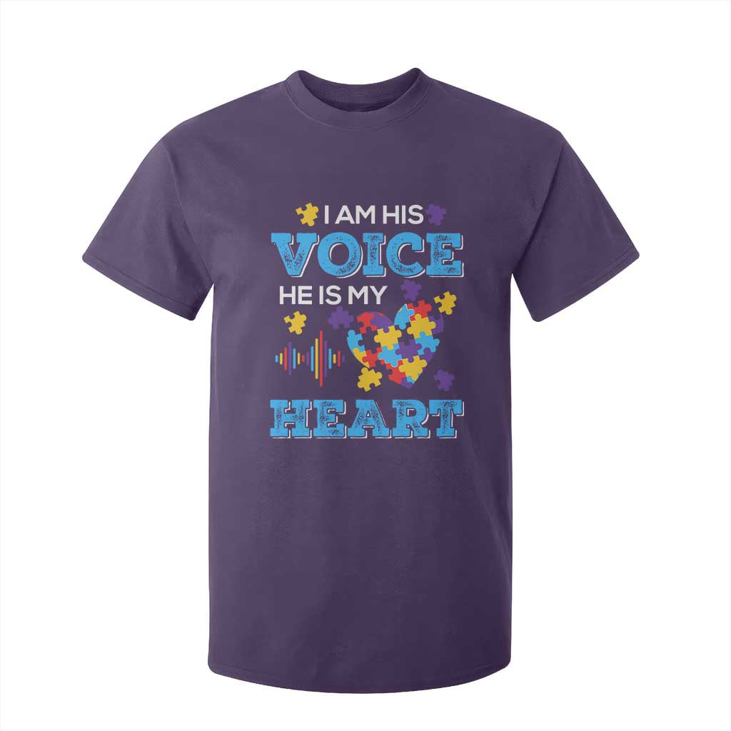 Autism Parents T Shirt For Kid I Am His Voice He Is My Heart Puzzle Heart TS01 Purple Printyourwear