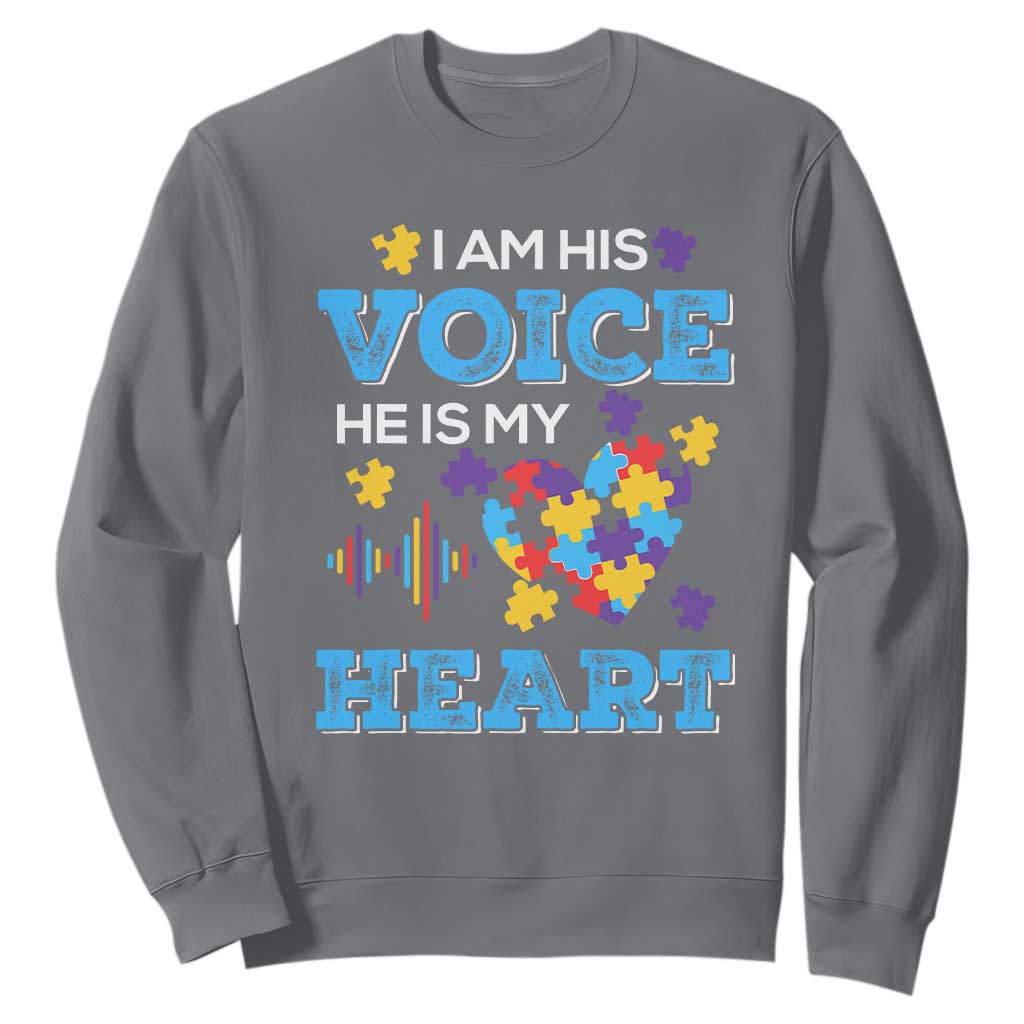 Autism Parents Sweatshirt I Am His Voice He Is My Heart Puzzle Heart TS01 Charcoal Printyourwear
