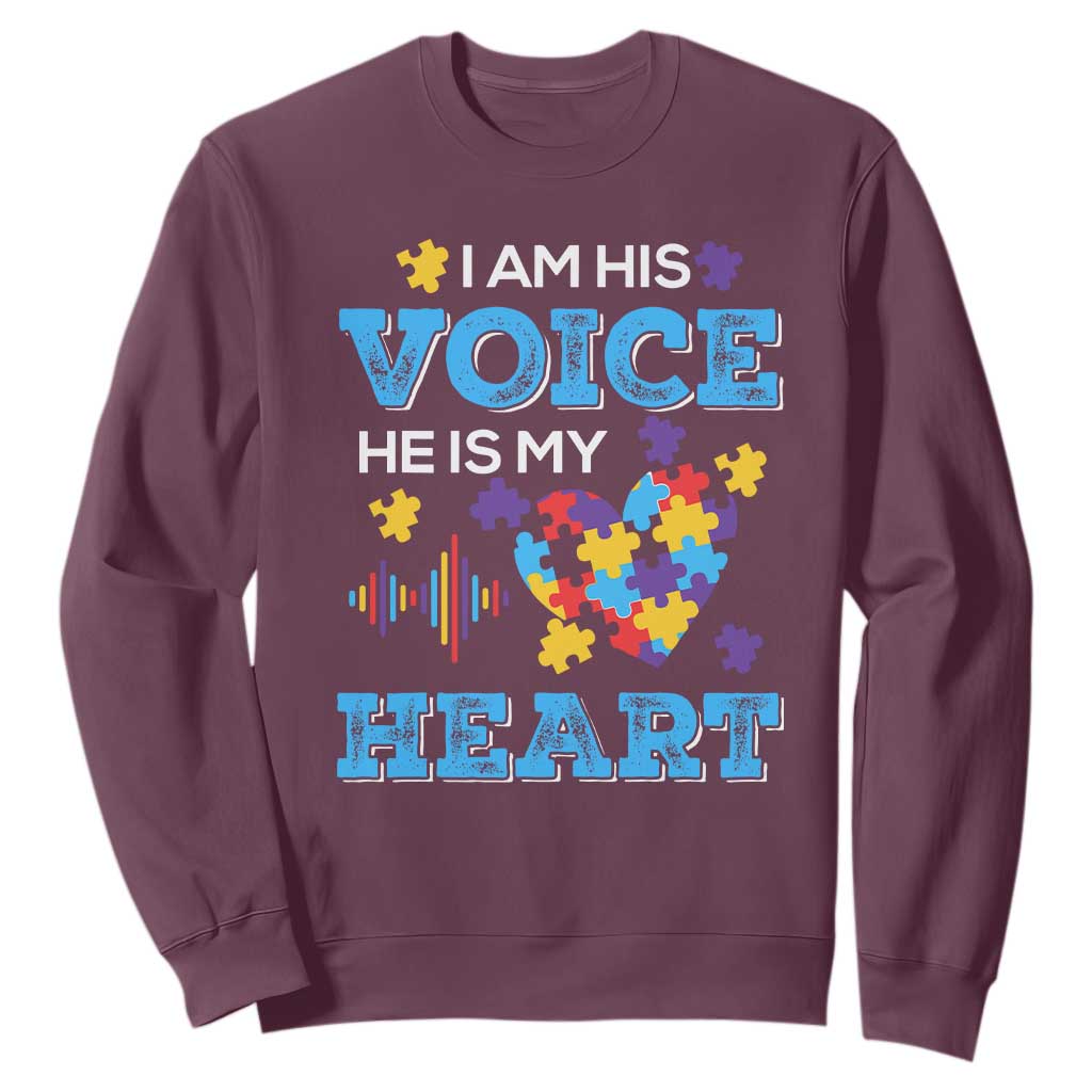 Autism Parents Sweatshirt I Am His Voice He Is My Heart Puzzle Heart TS01 Maroon Printyourwear