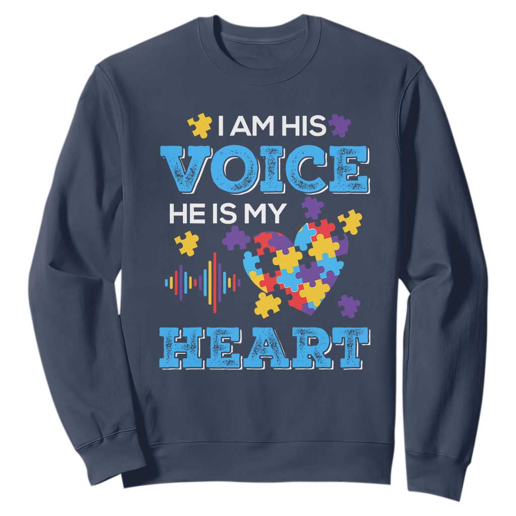 Autism Parents Sweatshirt I Am His Voice He Is My Heart Puzzle Heart TS01 Navy Printyourwear