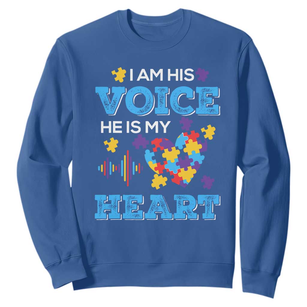 Autism Parents Sweatshirt I Am His Voice He Is My Heart Puzzle Heart TS01 Royal Blue Printyourwear