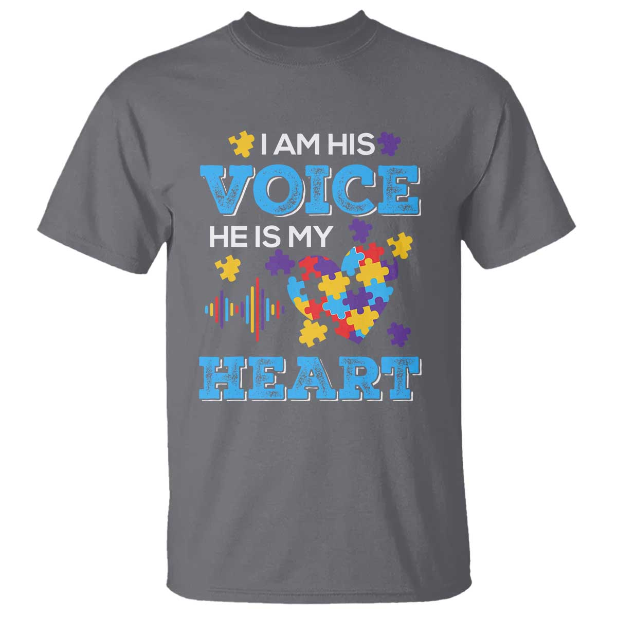 Autism Parents T Shirt I Am His Voice He Is My Heart Puzzle Heart TS01 Charcoal Printyourwear