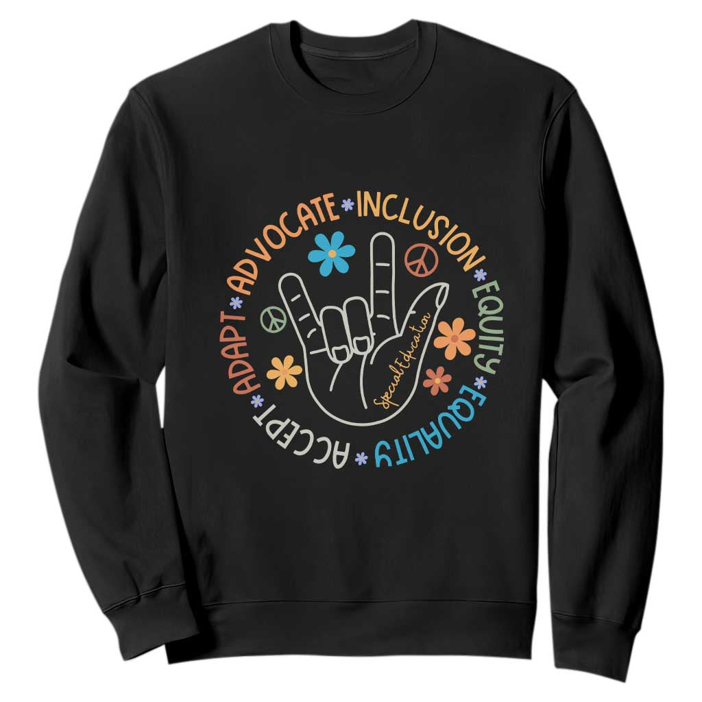 Sped Teacher Sweatshirt Special Education Autism Accept Adapt Advocate Inclusion Equity Equality TS01 Black Printyourwear