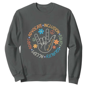 Sped Teacher Sweatshirt Special Education Autism Accept Adapt Advocate Inclusion Equity Equality TS01 Dark Heather Printyourwear