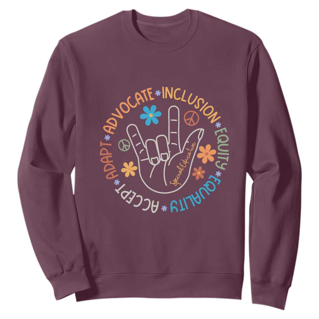 Sped Teacher Sweatshirt Special Education Autism Accept Adapt Advocate Inclusion Equity Equality TS01 Maroon Printyourwear