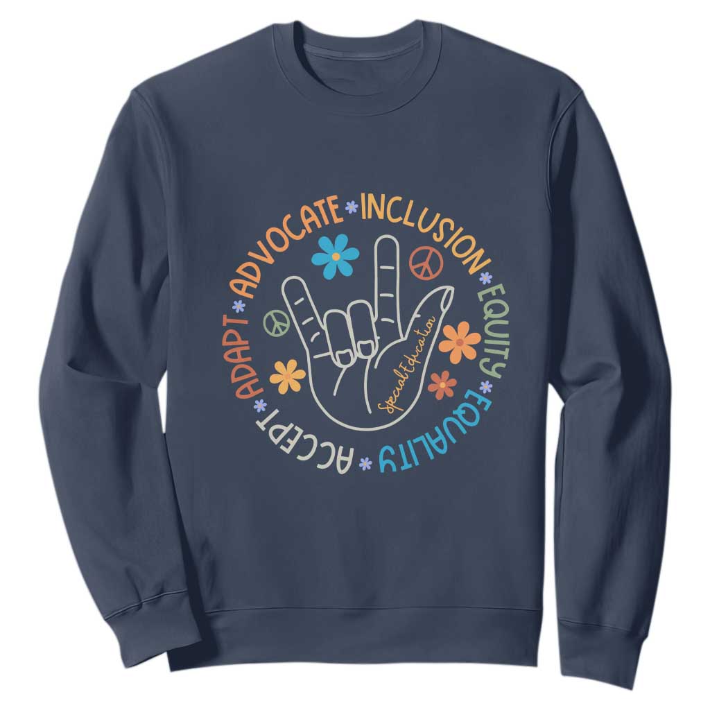Sped Teacher Sweatshirt Special Education Autism Accept Adapt Advocate Inclusion Equity Equality TS01 Navy Printyourwear