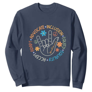 Sped Teacher Sweatshirt Special Education Autism Accept Adapt Advocate Inclusion Equity Equality TS01 Navy Printyourwear
