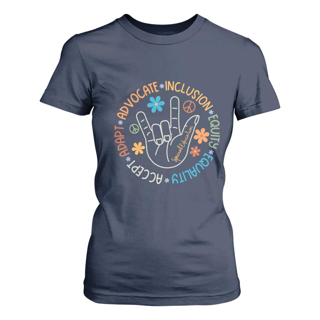 Sped Teacher T Shirt For Women Special Education Autism Accept Adapt Advocate Inclusion Equity Equality TS01 Navy Printyourwear