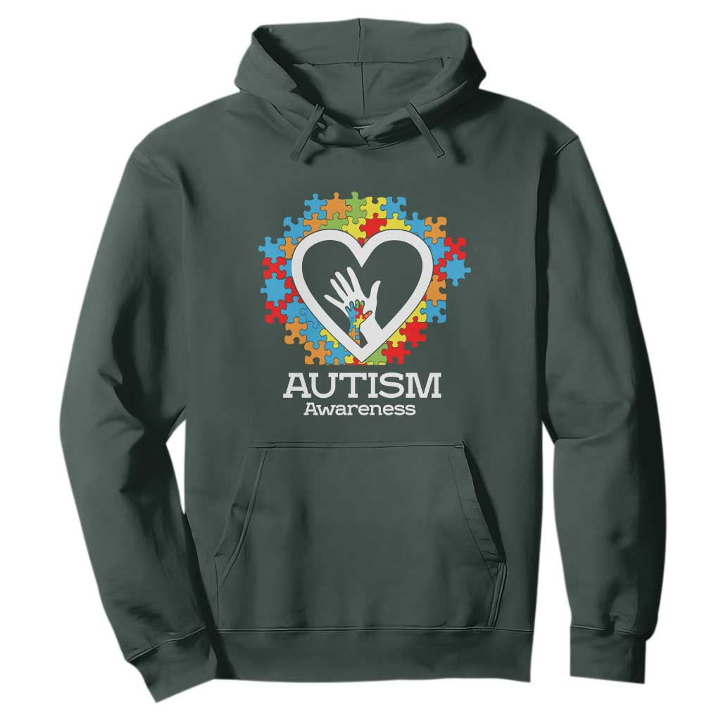 Autism Support Hoodie Jigsaw Puzzle Hand In Hand TS01 Dark Forest Green Printyourwear