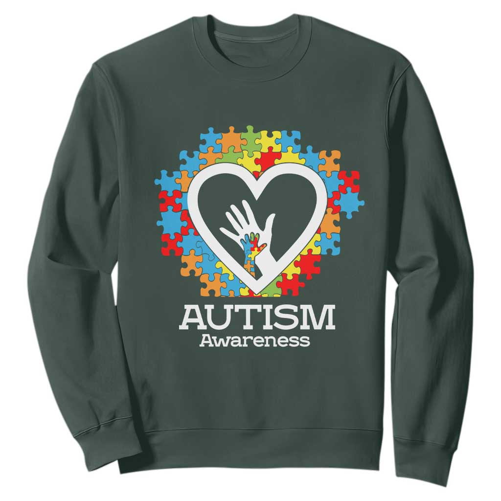 Autism Support Sweatshirt Jigsaw Puzzle Hand In Hand TS01 Dark Forest Green Printyourwear