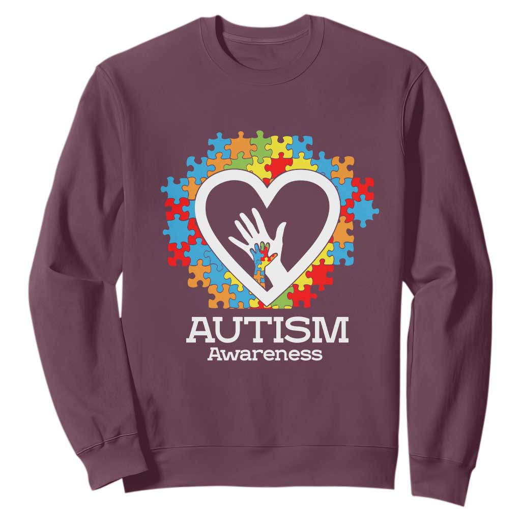 Autism Support Sweatshirt Jigsaw Puzzle Hand In Hand TS01 Maroon Printyourwear