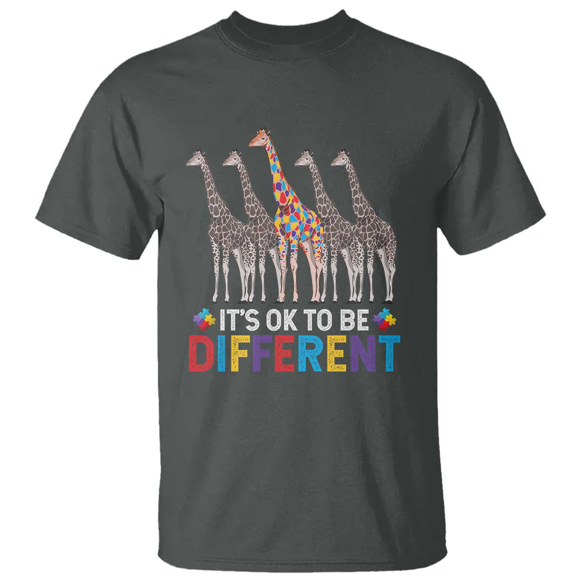 Giraffe Autism T Shirt It's Ok To Be Different Puzzle Support TS01 Dark Heather Printyourwear