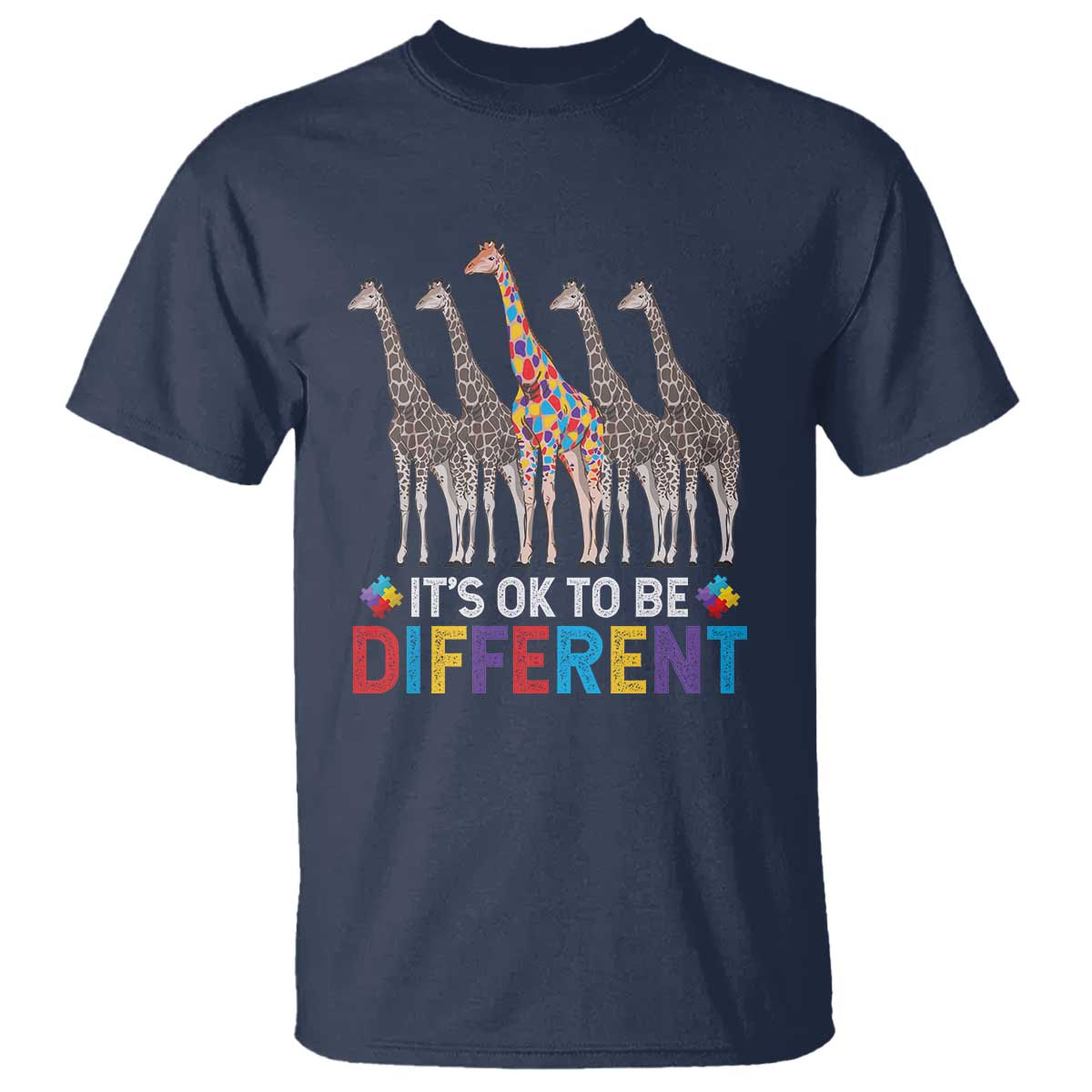 Giraffe Autism T Shirt It's Ok To Be Different Puzzle Support TS01 Navy Printyourwear