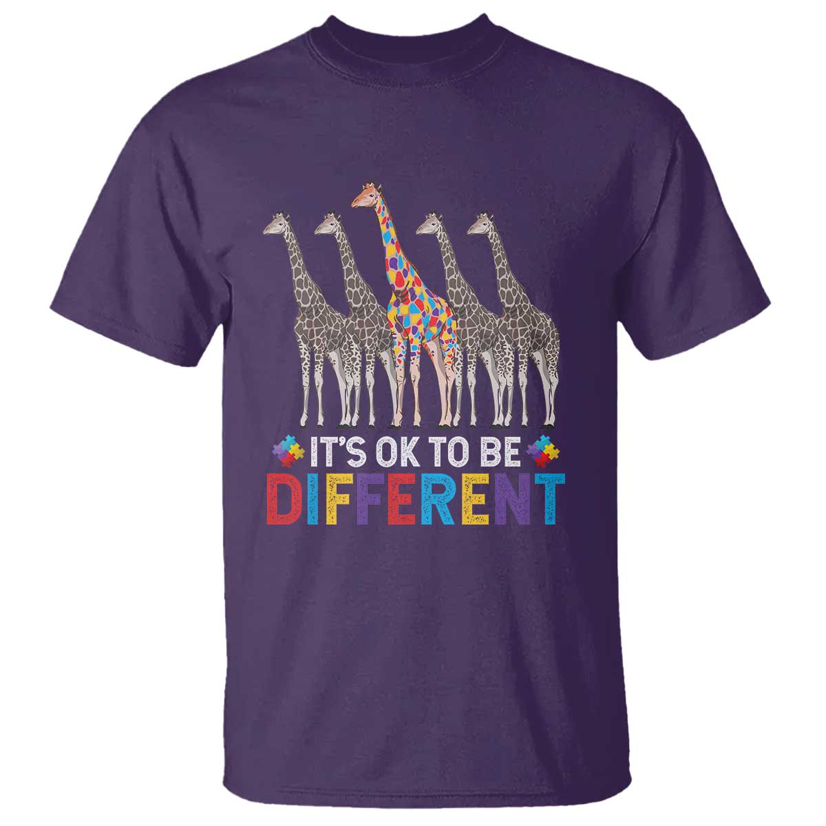 Giraffe Autism T Shirt It's Ok To Be Different Puzzle Support TS01 Purple Printyourwear