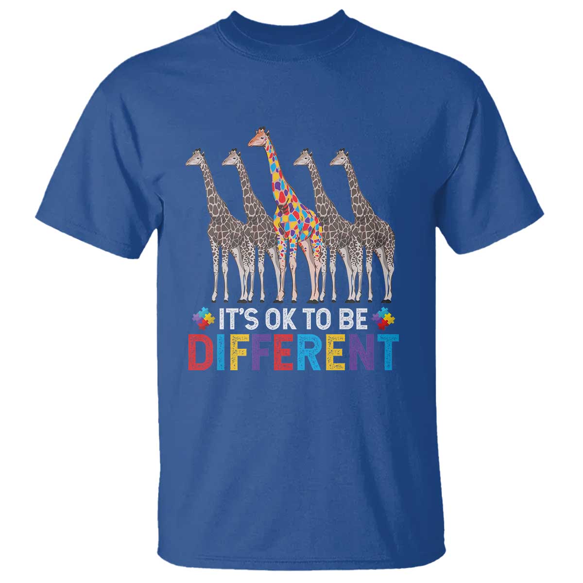 Giraffe Autism T Shirt It's Ok To Be Different Puzzle Support TS01 Royal Blue Printyourwear