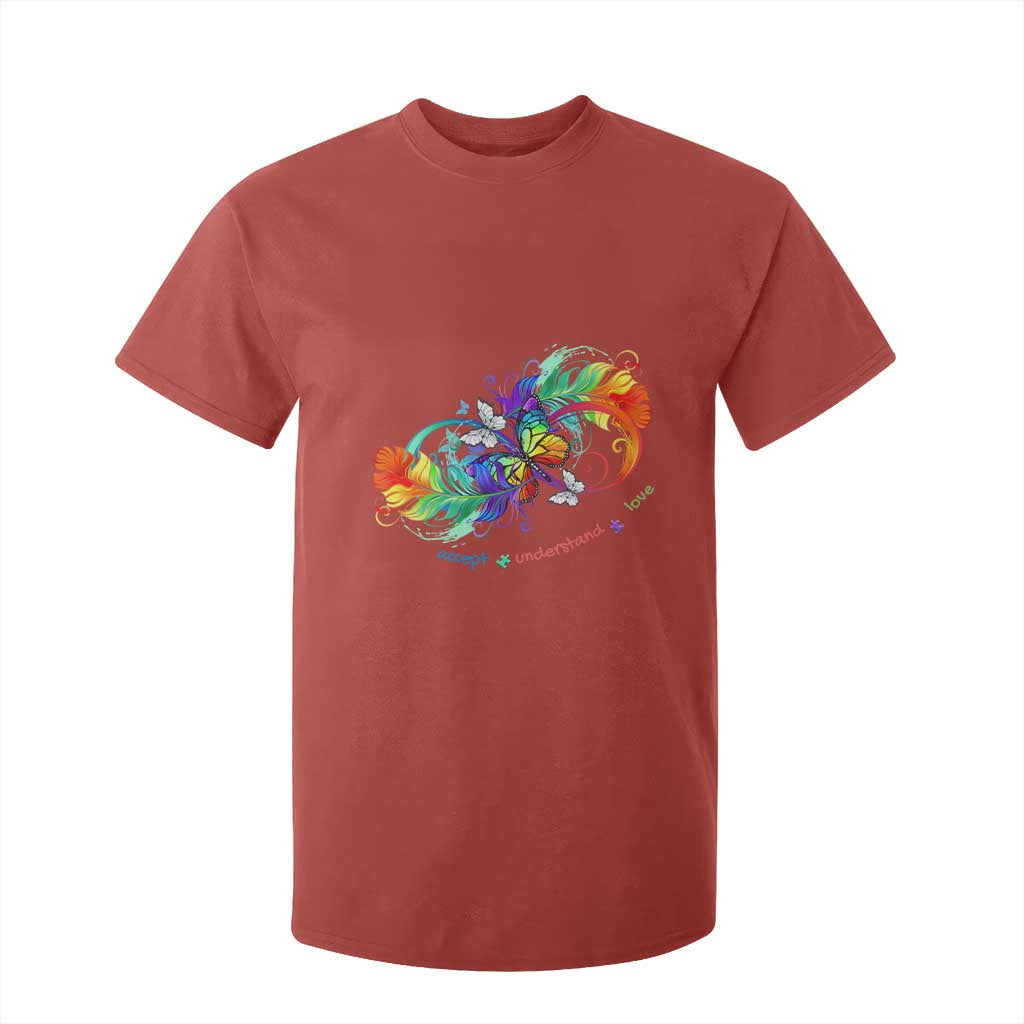 Autism Acceptance T Shirt For Kid Accept Understand Love Rainbow Infinity With Butterfly Feathers TS01 Red Printyourwear