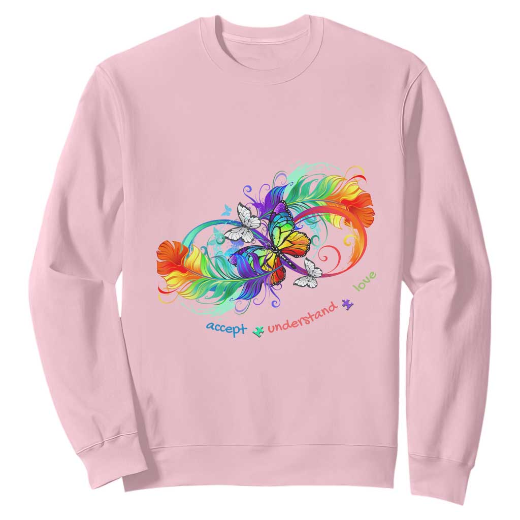 Autism Acceptance Sweatshirt Accept Understand Love Rainbow Infinity With Butterfly Feathers TS01 Light Pink Printyourwear