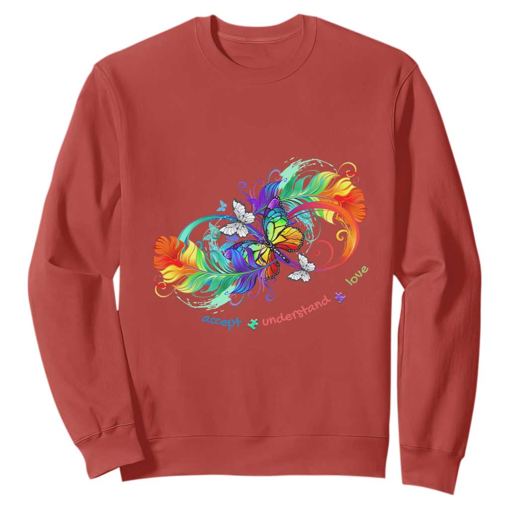 Autism Acceptance Sweatshirt Accept Understand Love Rainbow Infinity With Butterfly Feathers TS01 Red Printyourwear