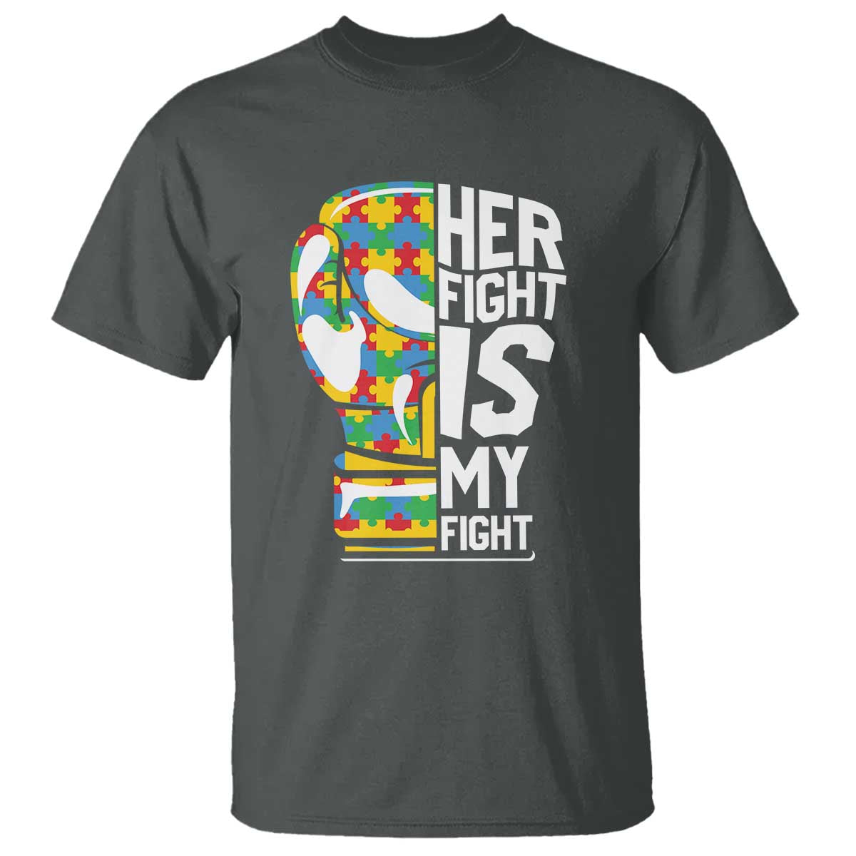 Autism Support T Shirt Her Fight is My Fight Warriors Jigsaw Puzzle Boxing Glove TS01 Dark Heather Printyourwear
