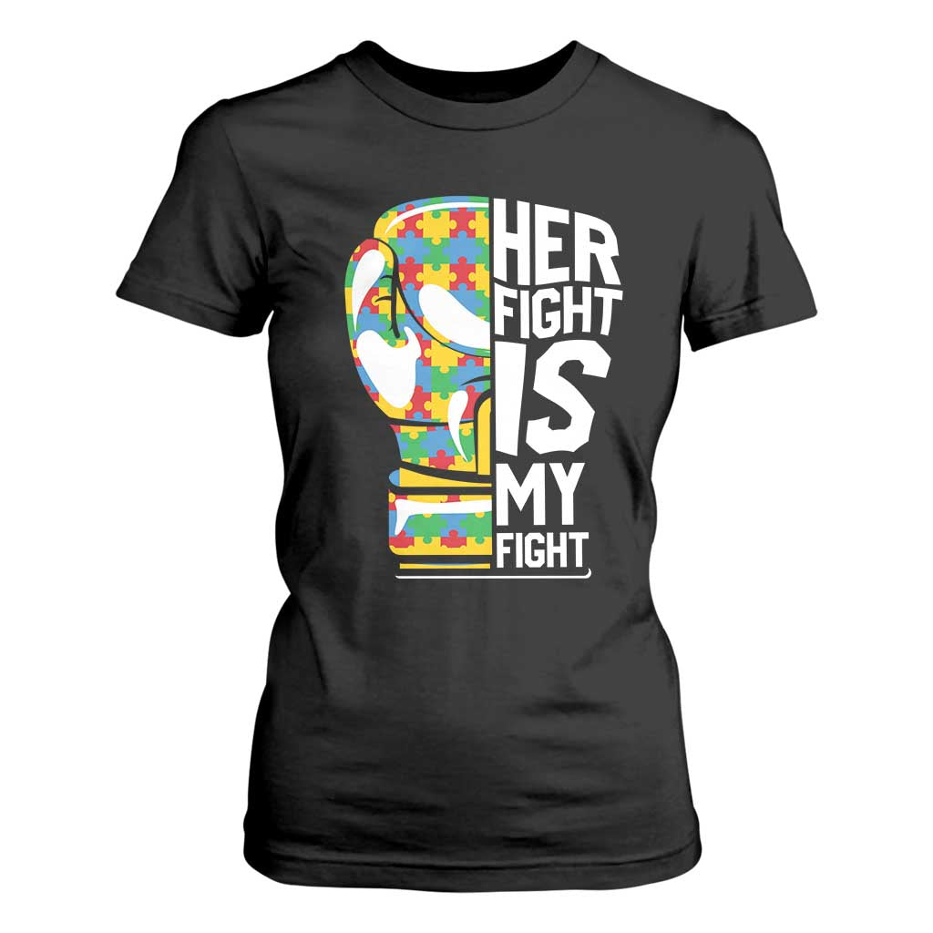 Autism Support T Shirt For Women Her Fight is My Fight Warriors Jigsaw Puzzle Boxing Glove TS01 Black Printyourwear