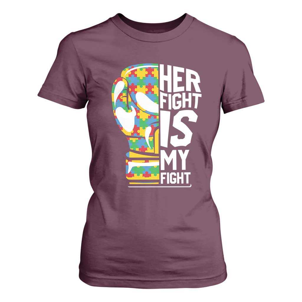 Autism Support T Shirt For Women Her Fight is My Fight Warriors Jigsaw Puzzle Boxing Glove TS01 Maroon Printyourwear
