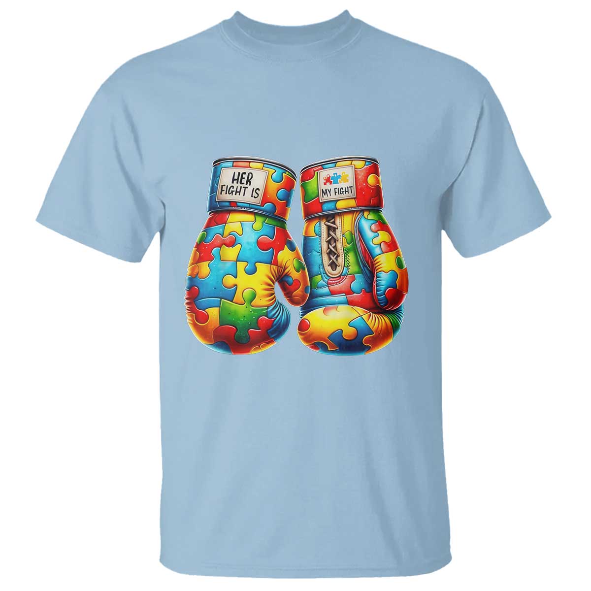 Autism Support T Shirt Her Fight is My Fight Jigsaw Puzzle Boxing Gloves TS01 Light Blue Printyourwear