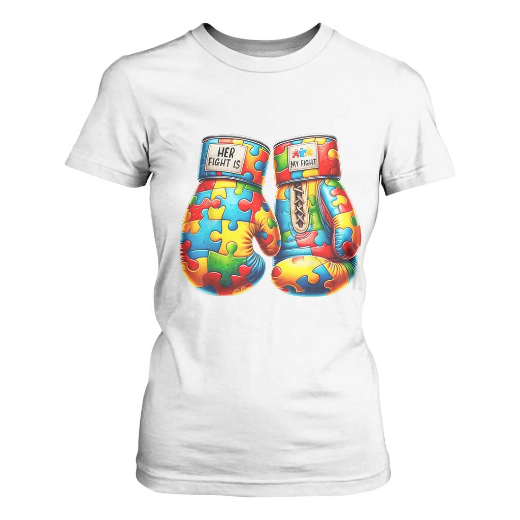 Autism Support T Shirt For Women Her Fight is My Fight Jigsaw Puzzle Boxing Gloves TS01 White Printyourwear